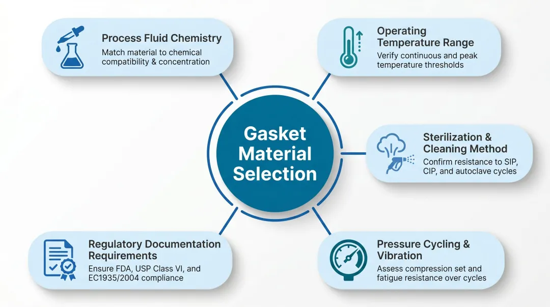Five-factor USP Class VI sanitary gasket material selection decision framework infographic