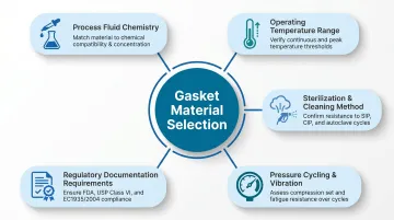 Five-factor USP Class VI sanitary gasket material selection decision framework infographic