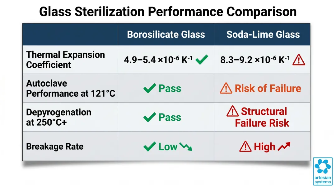 Borosilicate versus soda-lime glass thermal expansion and sterilization compatibility comparison
