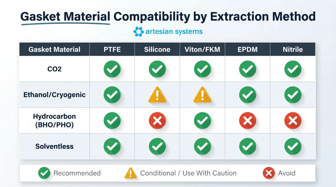 Gasket material compatibility matrix for CO2 ethanol hydrocarbon and solventless extraction methods