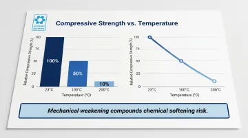 PTFE compressive strength versus temperature decline chart from 23°C to 200°C