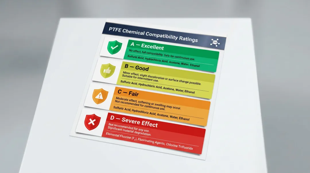 PTFE chemical compatibility A-B-C-D rating scale comparison chart with examples