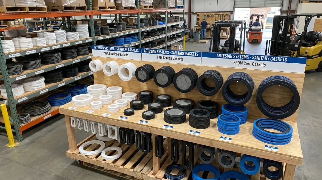 Artesian Systems sanitary gasket inventory including PTFE envelope and FKM screen gaskets