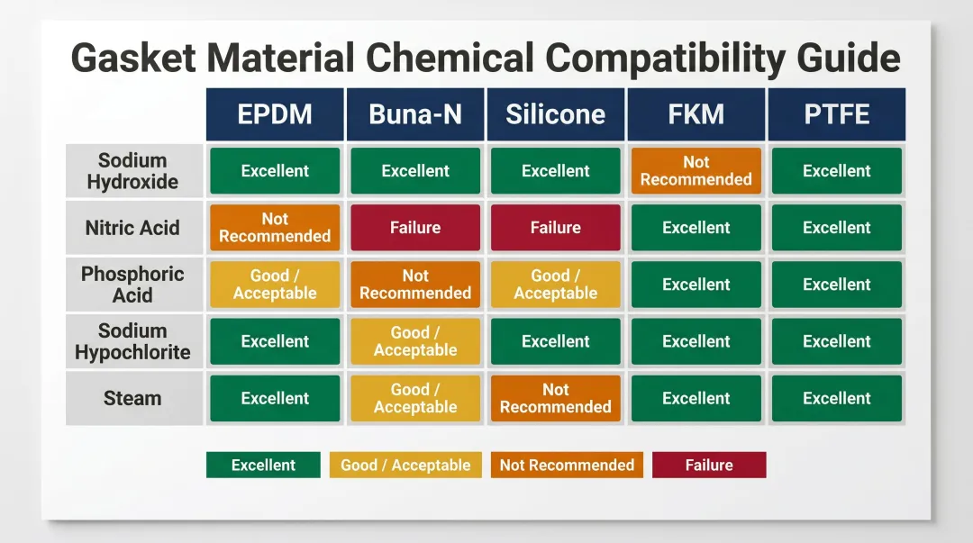 Sanitary gasket chemical compatibility matrix for five common elastomer materials