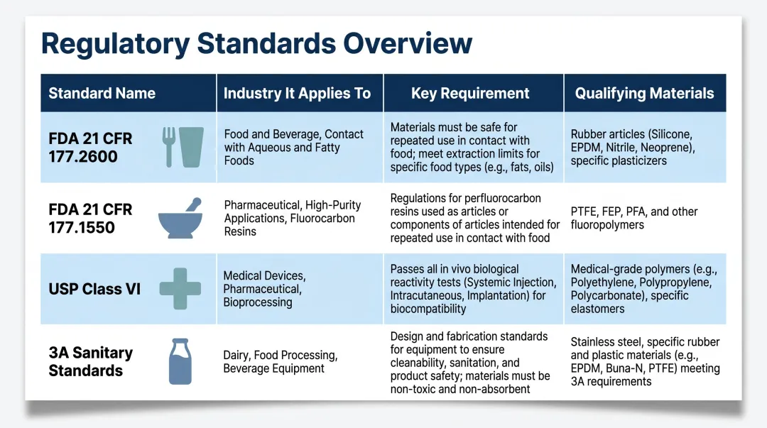 Sanitary gasket compliance standards comparison by industry FDA USP 3A USDA
