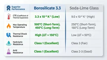 Borosilicate 3.3 versus soda-lime glass five-property comparison infographic