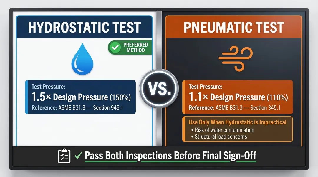 ASME B31.3 hydrostatic versus pneumatic pressure testing methods comparison infographic