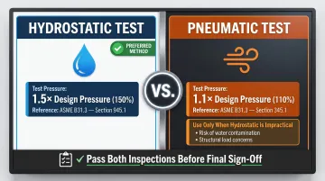 ASME B31.3 hydrostatic versus pneumatic pressure testing methods comparison infographic