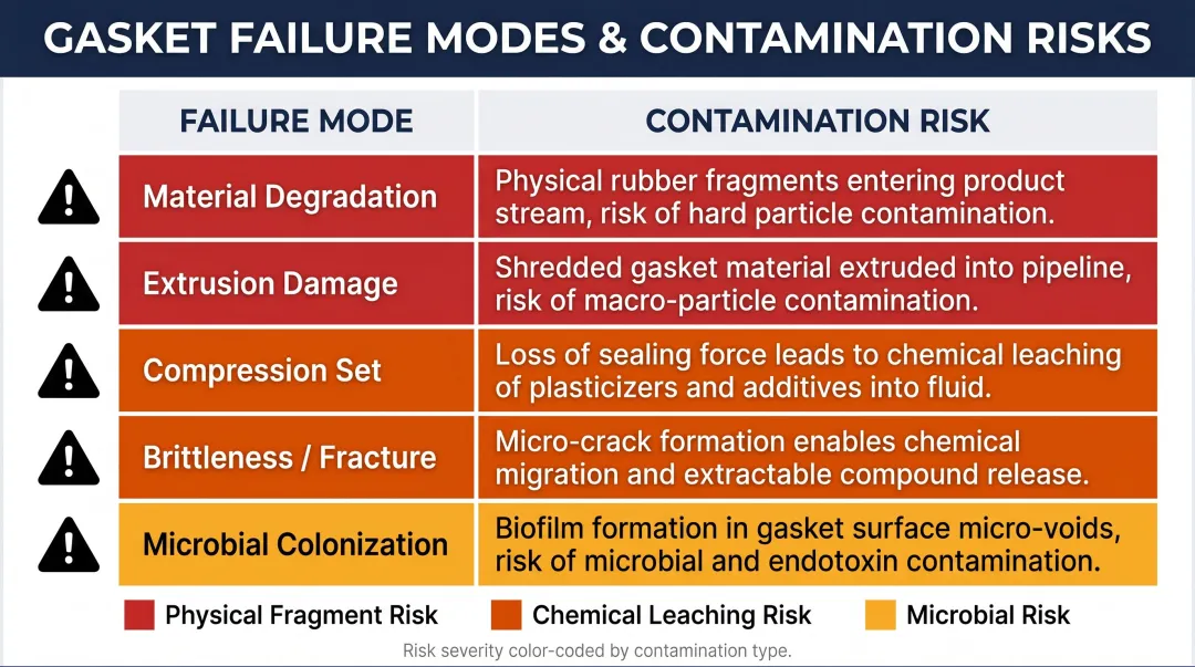 Five gasket failure modes and food contamination risk pathways infographic