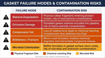 Five gasket failure modes and food contamination risk pathways infographic