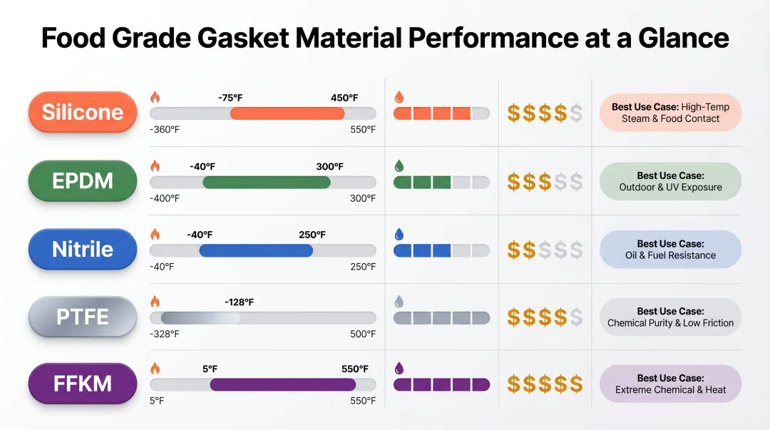 Five food grade gasket materials temperature range chemical resistance cost comparison chart