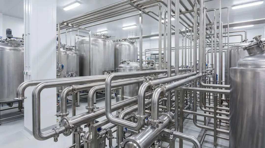 Industrial dairy processing pipeline with tri-clamp sanitary fittings and gasket connections