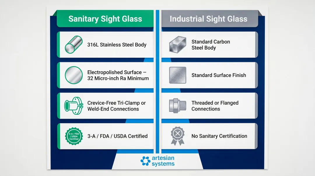 Sanitary versus industrial sight glass key design differences comparison infographic