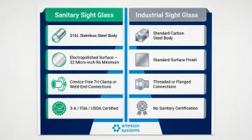 Sanitary versus industrial sight glass key design differences comparison infographic