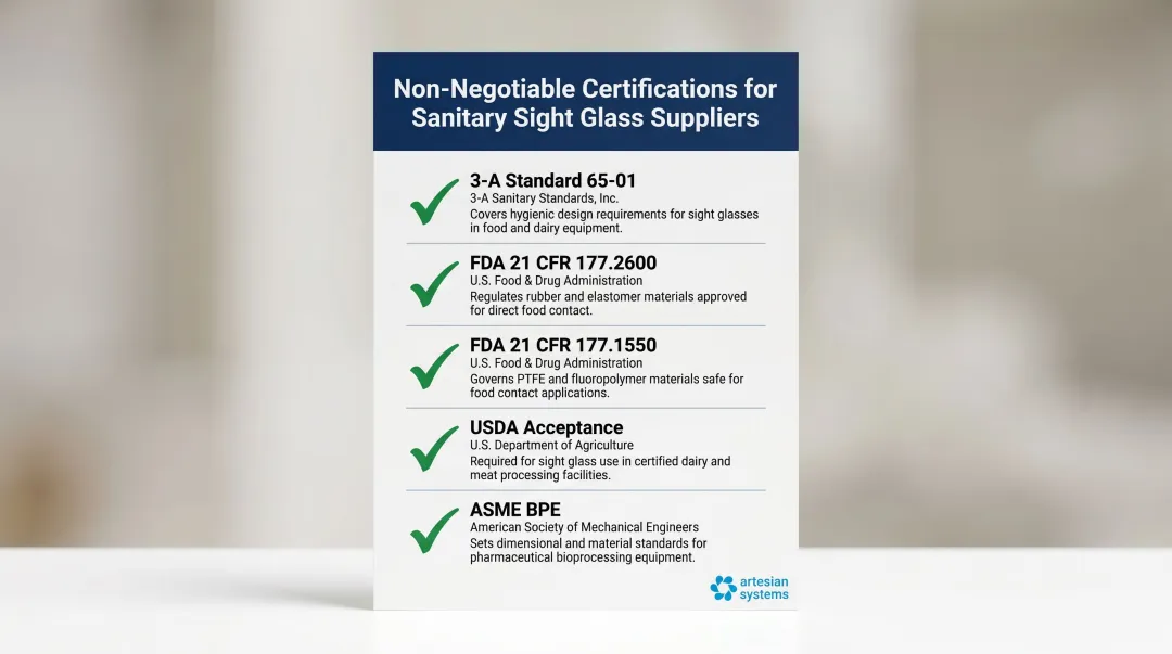 Five key sanitary sight glass supplier certifications checklist infographic