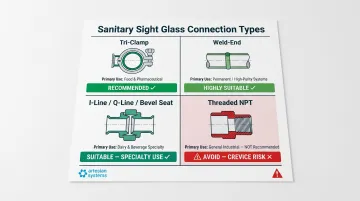 Sanitary sight glass connection types comparison tri-clamp weld I-line NPT infographic