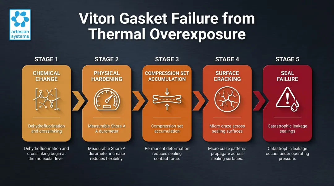 5-stage Viton gasket thermal failure sequence from chemical change to seal failure
