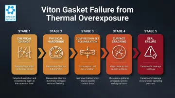 5-stage Viton gasket thermal failure sequence from chemical change to seal failure