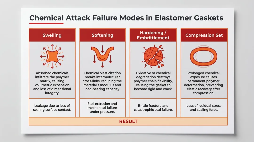 Four chemical attack elastomer failure modes swelling softening hardening compression set comparison