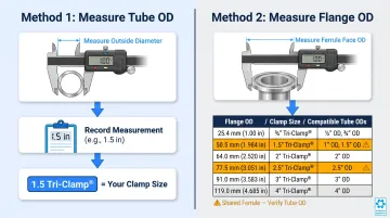 Two-method tri-clamp field sizing process flow with flange measurement lookup table