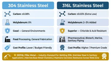304 versus 316L stainless steel sanitary welding material properties comparison chart