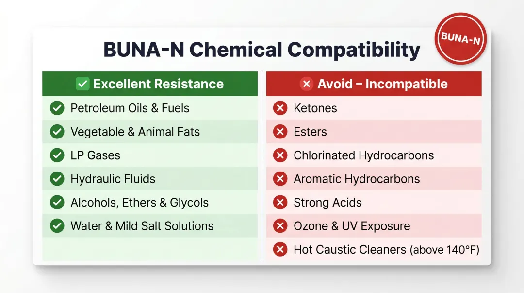BUNA-N nitrile chemical compatibility chart showing resistant and incompatible substances