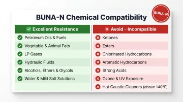 BUNA-N nitrile chemical compatibility chart showing resistant and incompatible substances