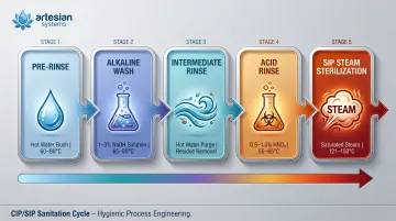 CIP and SIP sanitation cycle stages temperatures and chemical parameters infographic