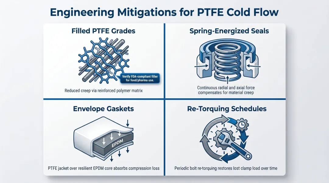 Four PTFE cold flow engineering mitigations comparison diagram for food seals