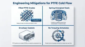 Four PTFE cold flow engineering mitigations comparison diagram for food seals