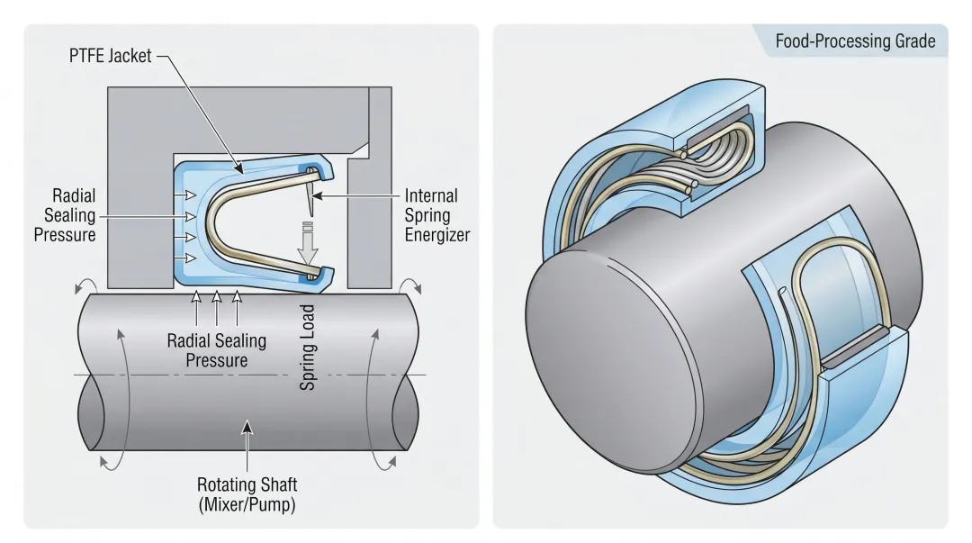 Spring-energized PTFE lip seal cross-section installed on rotating shaft equipment