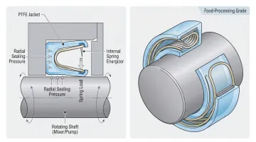 Spring-energized PTFE lip seal cross-section installed on rotating shaft equipment