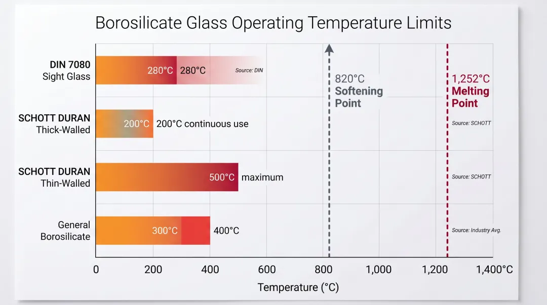 Borosilicate glass temperature operating limits by application standard and specification context