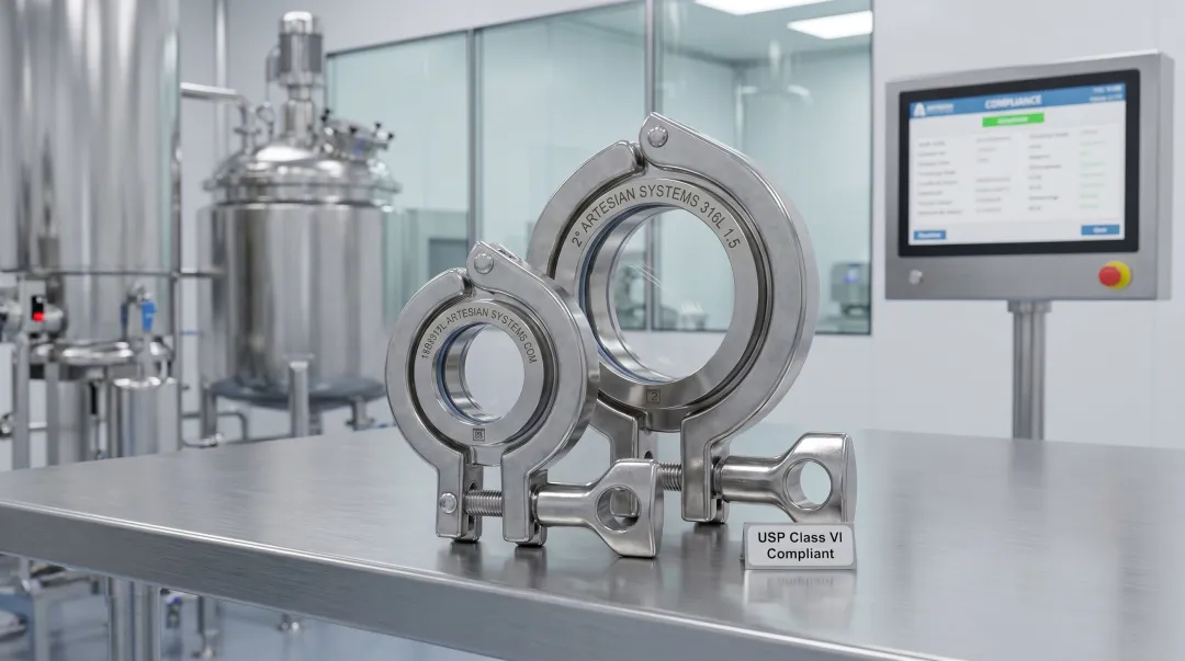 Certified borosilicate sight glass components with USP Type I DIN 7080 compliance documentation