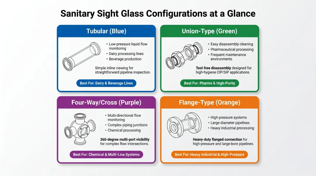 Four types of sanitary sight glass configurations comparison infographic with best use cases