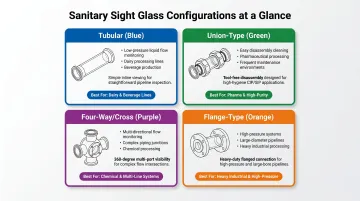 Four types of sanitary sight glass configurations comparison infographic with best use cases