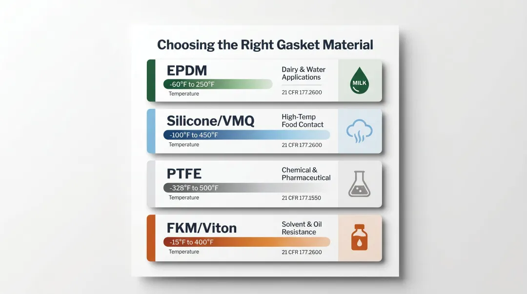 FDA-compliant gasket material comparison chart temperature range and chemical compatibility