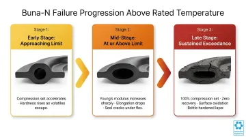 Three-stage Buna-N thermal degradation progression from compression set to seal failure