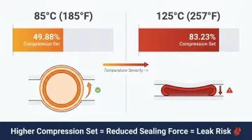Buna-N compression set percentage increase at 85°C versus 125°C over time