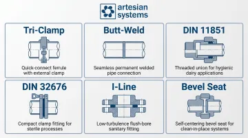 Six sanitary fitting types comparison overview infographic with icons