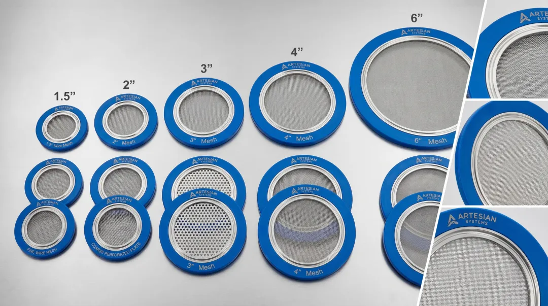 Artesian Systems FKM tri-clamp gaskets with stainless steel screens in multiple sizes