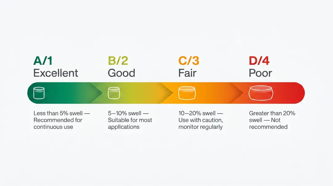 FKM chemical compatibility A-B-C-D rating system scale with volume swell thresholds