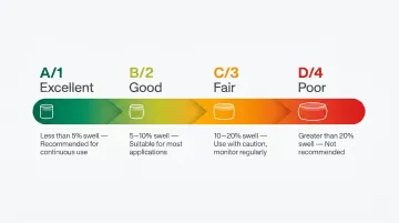 FKM chemical compatibility A-B-C-D rating system scale with volume swell thresholds