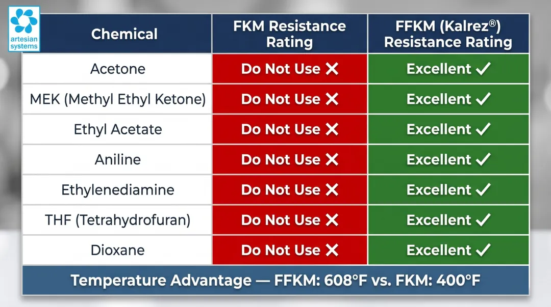 FKM versus FFKM Kalrez chemical resistance comparison table for aggressive solvents