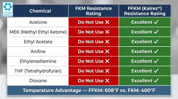 FKM versus FFKM Kalrez chemical resistance comparison table for aggressive solvents