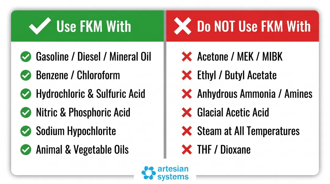FKM chemical compatibility quick reference chart approved versus incompatible chemicals