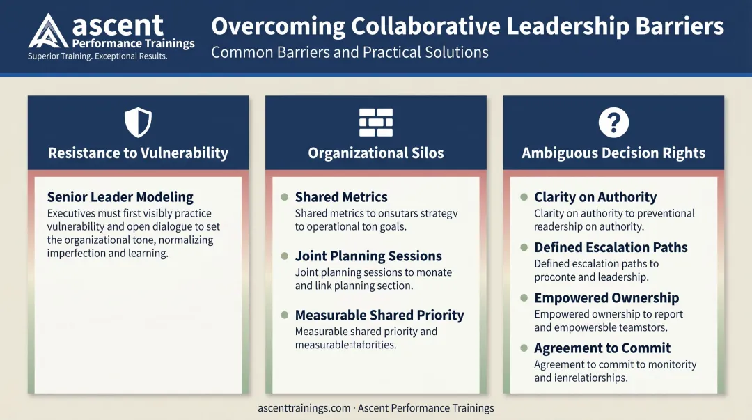 Three barriers to collaborative leadership and structured solutions breakdown infographic