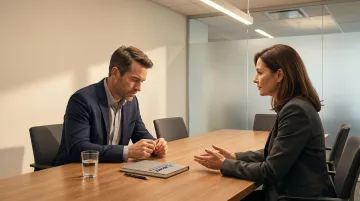 Stressed sales professional hesitating during high-pressure client negotiation meeting
