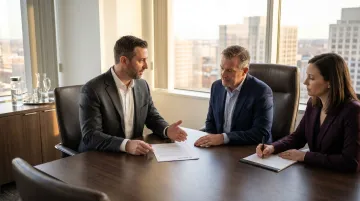 Financial advisor calmly presenting phased engagement proposal to high-net-worth client in boardroom