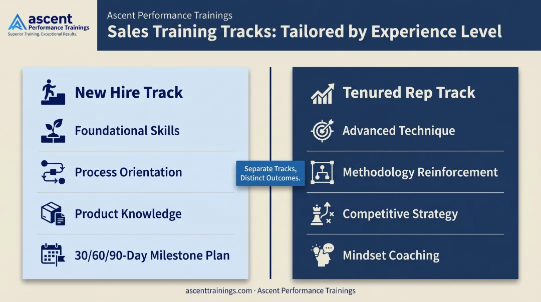 New hire versus tenured sales rep training tracks side-by-side comparison infographic